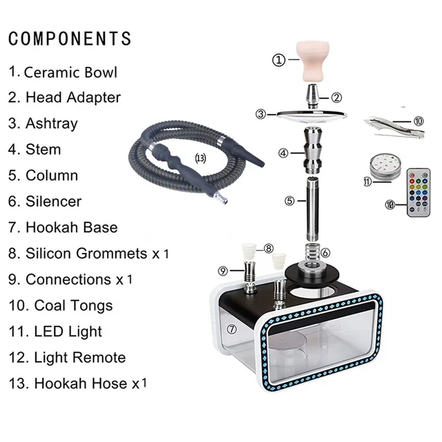 Acrylic Square Hookah with Double Hose and LED Light Acrylic Square Hookah with Double Hose and LED Light